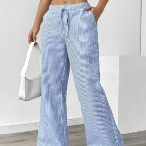 Calça de perna larga com bolsos inclinados, estampa listrada casual e solta com cintura de amarrar para a primavera e o verão, roupas femininas