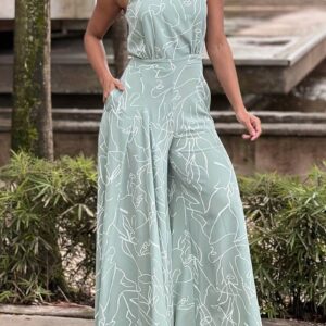 Macacão estampado abstrato de pernas largas, macacão elegante sem mangas para primavera e verão, roupas femininas