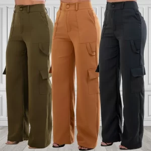 Kit 3 Calça Feminina Alfaiatara Cargo Com Bolso Wid Leg
